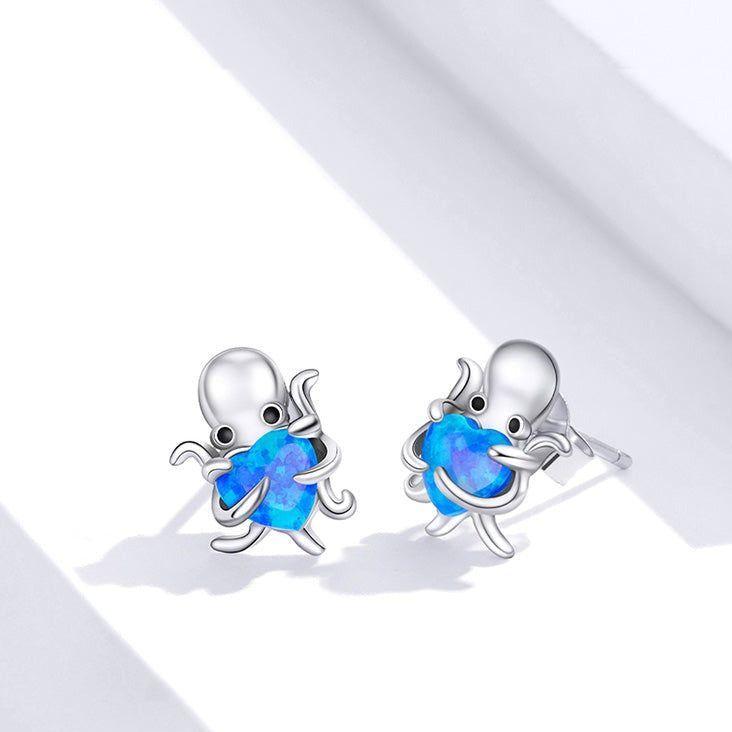 Blue Octopus Heart 925 Sterling Silver Stud Earrings