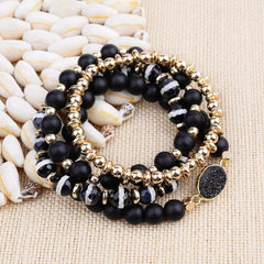 Bracelet Set 4 Pcs Natural Stone Elastic Oval Druzy Black Agates Bracelets