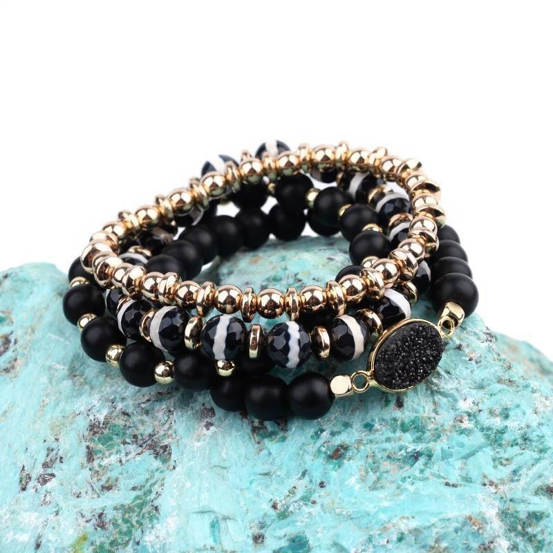 Bracelet Set 4 Pcs Natural Stone Elastic Oval Druzy Black Agates Bracelets