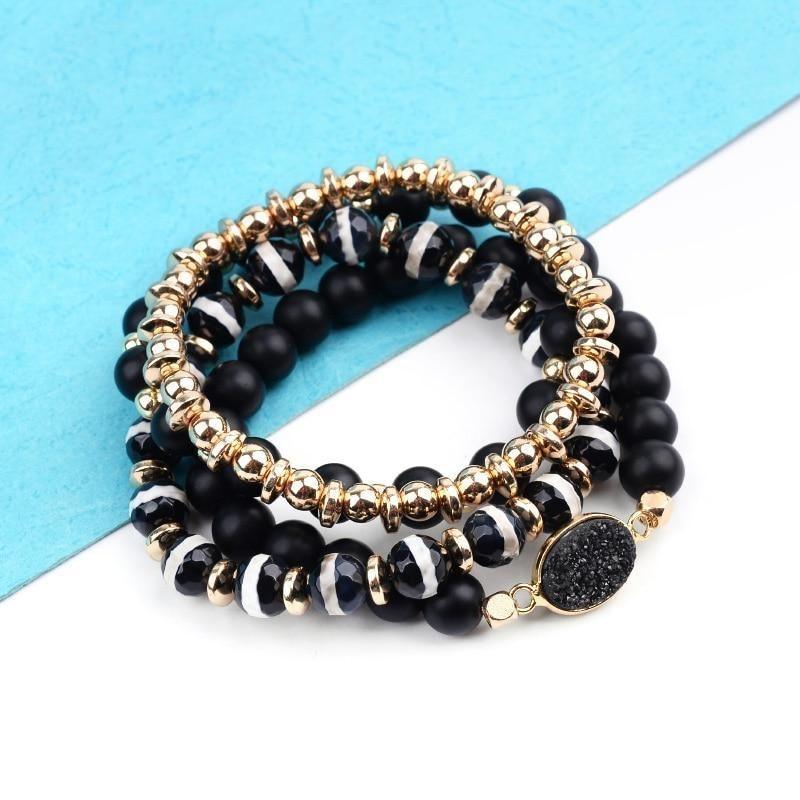 Bracelet Set 4 Pcs Natural Stone Elastic Oval Druzy Black Agates Bracelets