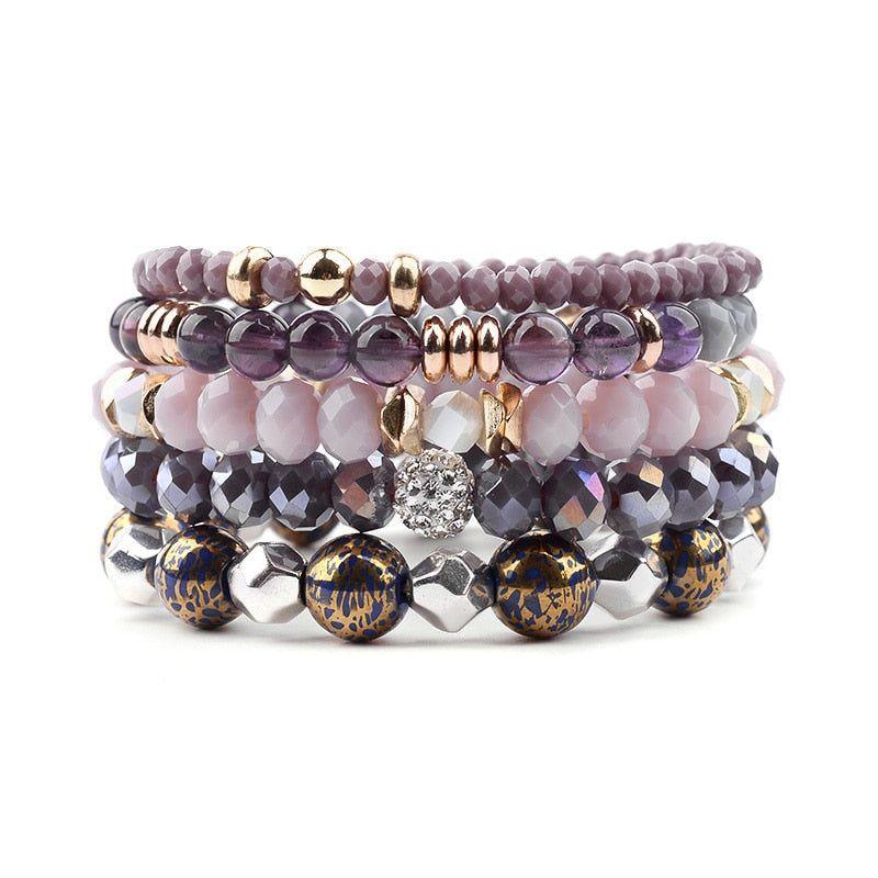 Bracelet Set 5 Pcs Trendy Multilayer Purple Gray Crystal Blue Enamel Bracelet