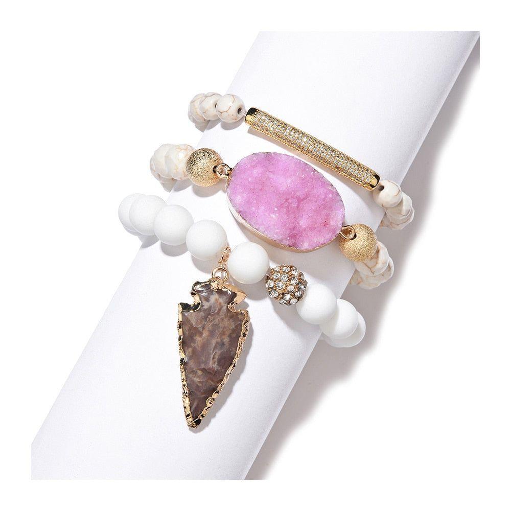 Bracelet Set Natural Quartz Druzy Stone White Pink Dragon Bracelet