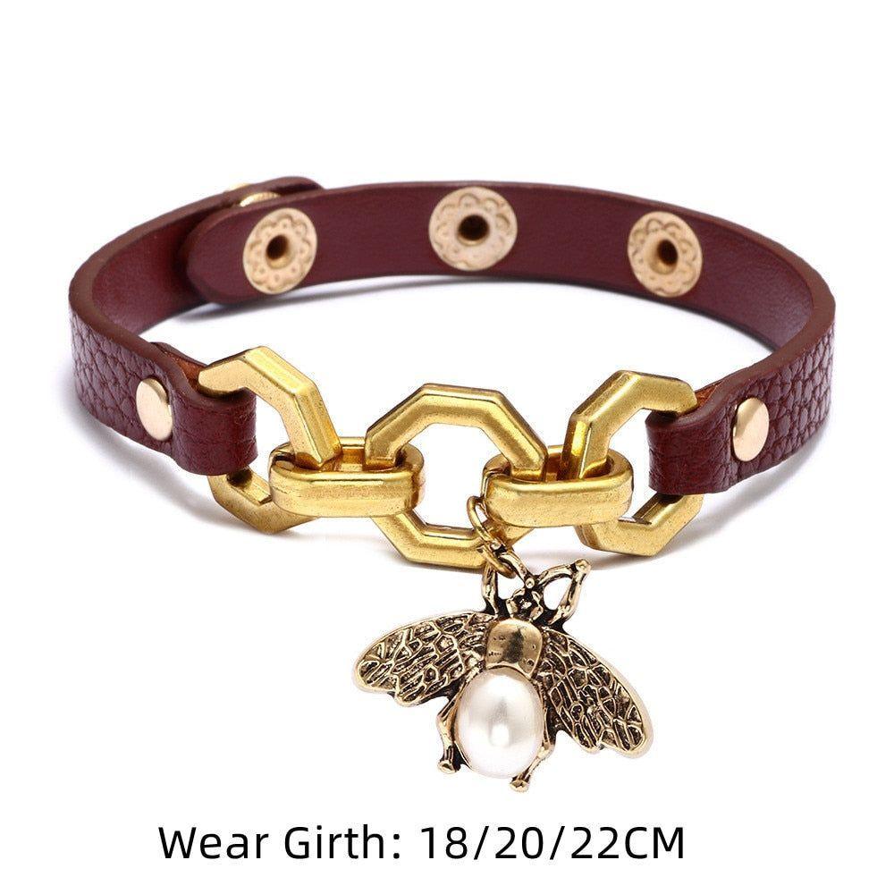 Bracelet Vivid Bee Pendant Bangles Punk Style Brown PU Leather Accessory