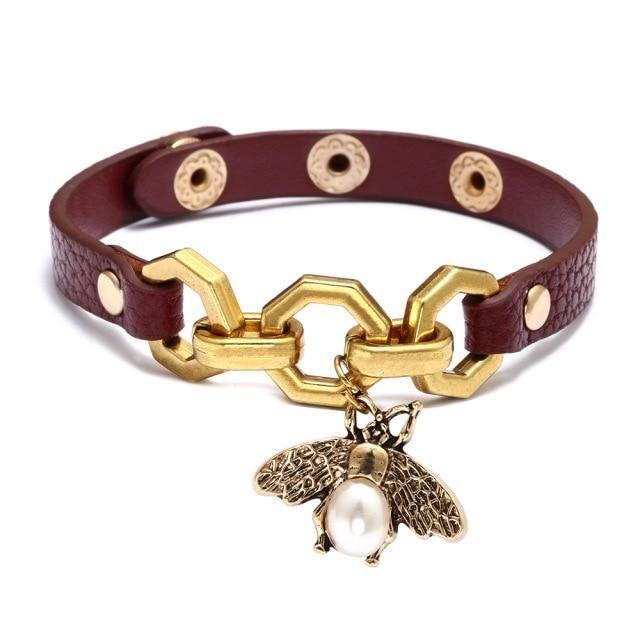 Bracelet Vivid Bee Pendant Bangles Punk Style Brown PU Leather Accessory