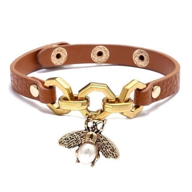 Bracelet Vivid Bee Pendant Bangles Punk Style Brown PU Leather Accessory