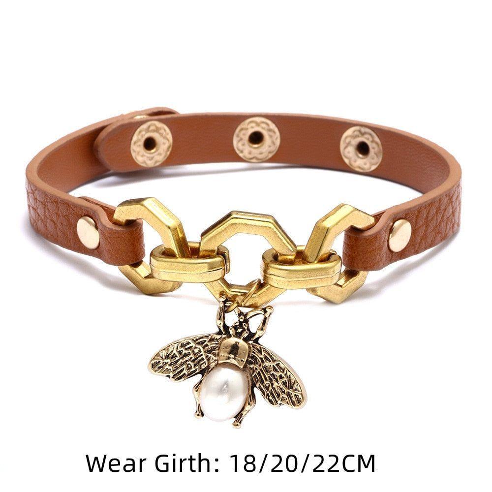 Bracelet Vivid Bee Pendant Bangles Punk Style Brown PU Leather Accessory