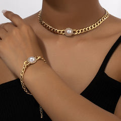 Pearl Cuban Clavicle Chain & Bracelet Set