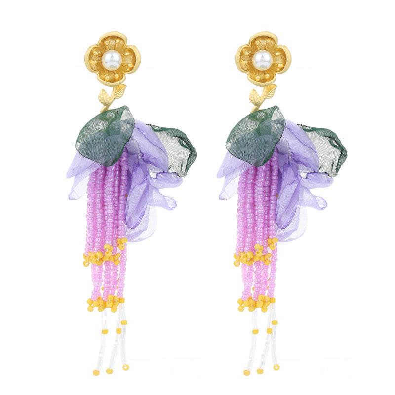 Handmade Fabric Floral Tassel Earrings