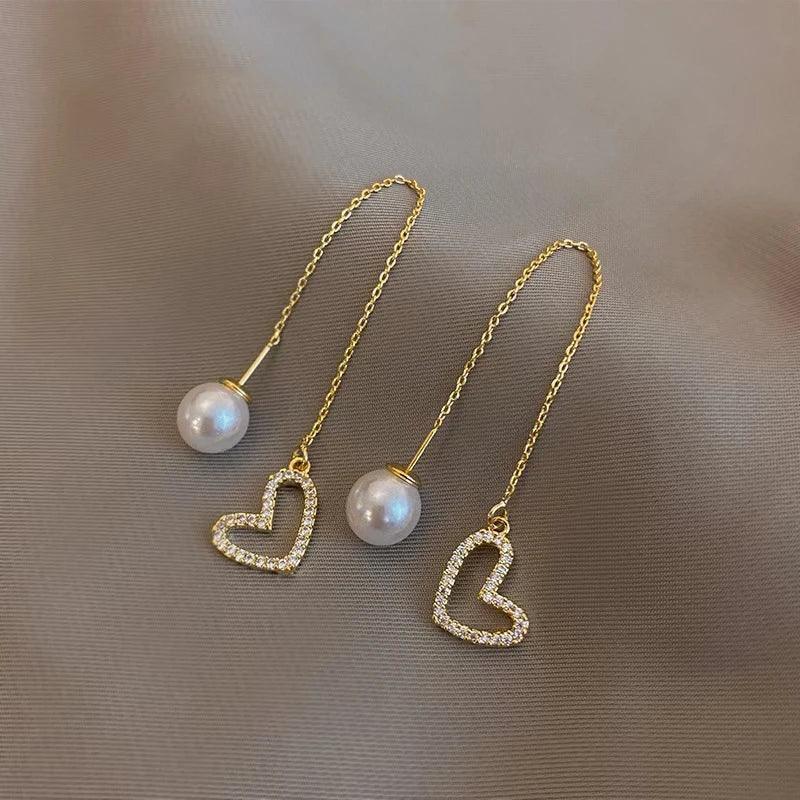 Classic Pearl Heart Long Earrings