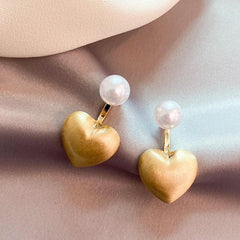 Contracted Metal Frosted Heart-shaped Pearl Stud Earrings