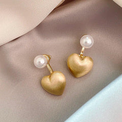 Contracted Metal Frosted Heart-shaped Pearl Stud Earrings