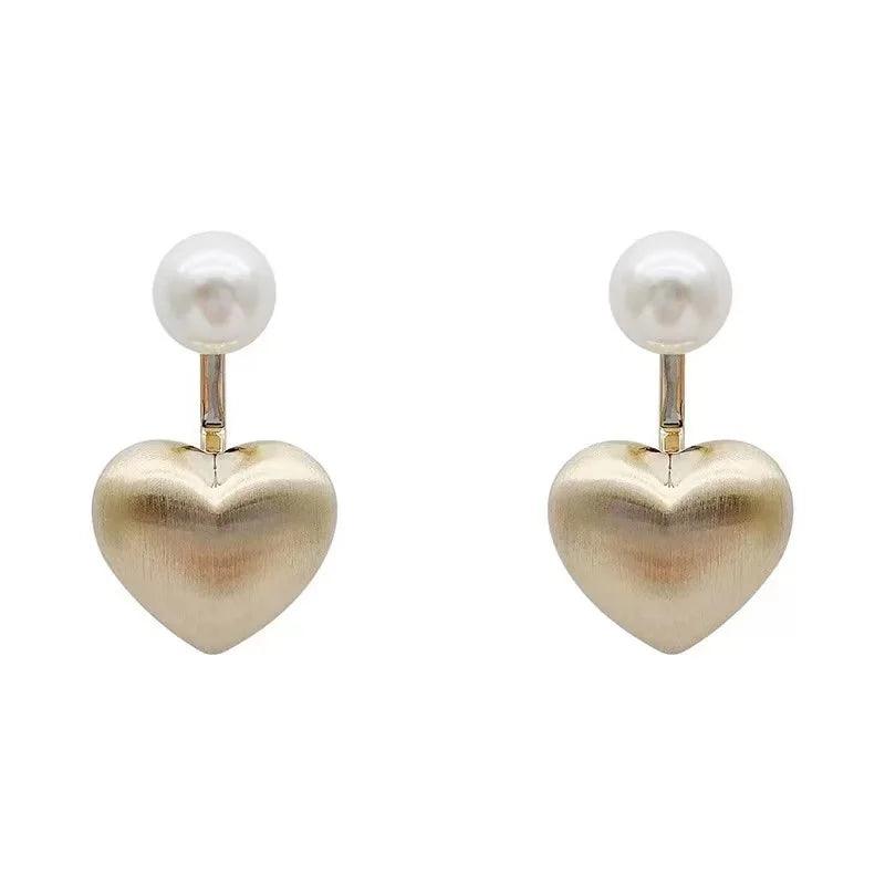 Contracted Metal Frosted Heart-shaped Pearl Stud Earrings