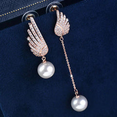 Crystal Angel Wing Pearl Long Earring