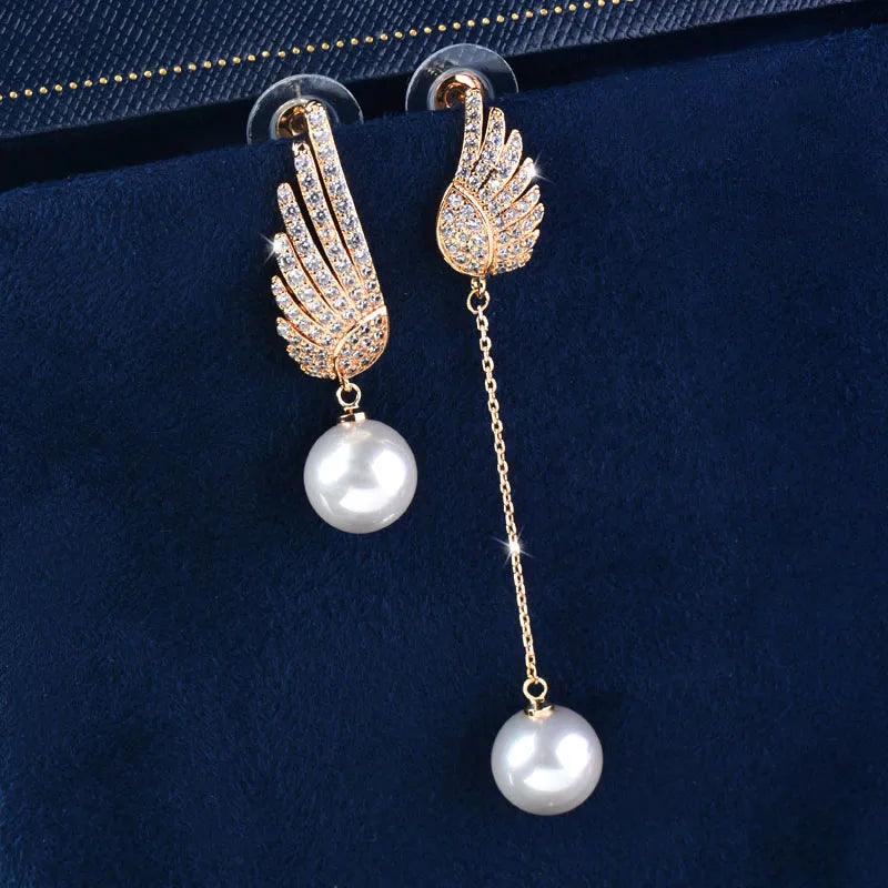 Crystal Angel Wing Pearl Long Earring