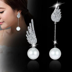 Crystal Angel Wing Pearl Long Earring