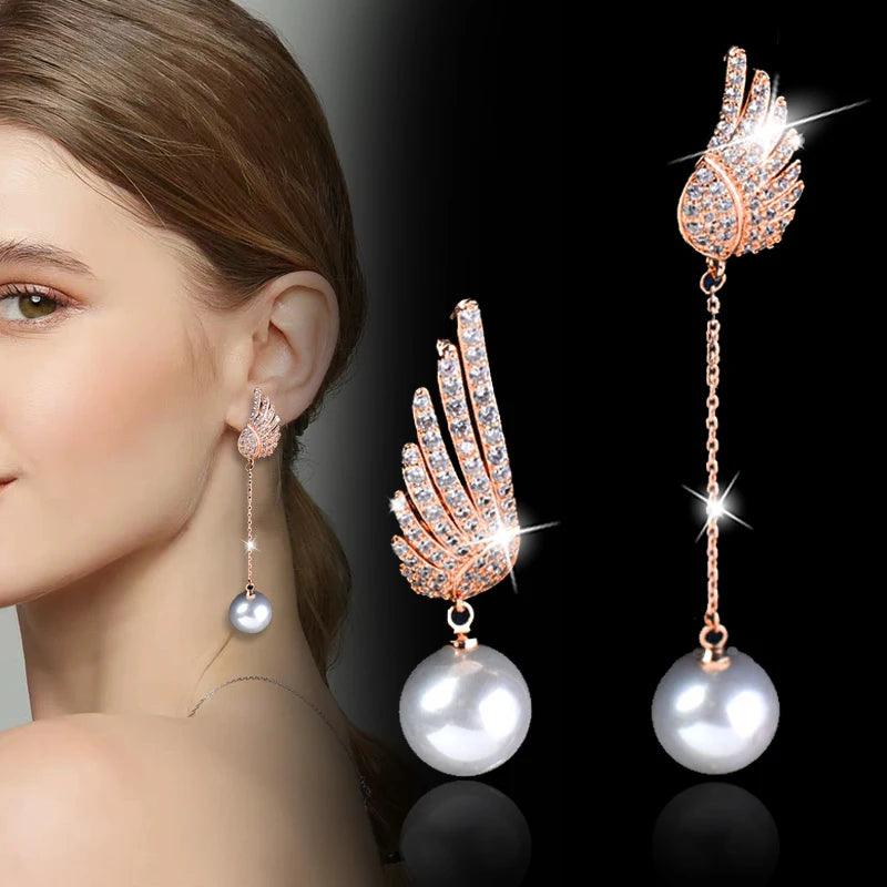 Crystal Angel Wing Pearl Long Earring