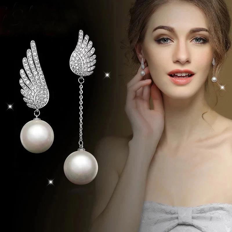 Crystal Angel Wing Pearl Long Earring