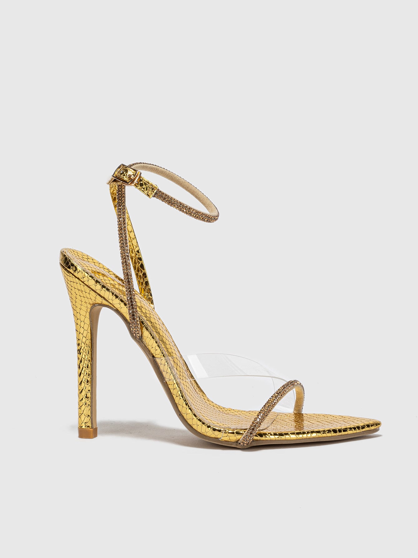 Sheer Gold High-heeled Sandals with Sparkling Tops