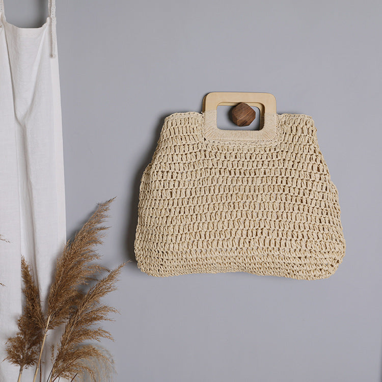 Handle Wooden Handle Woven Straw Bag