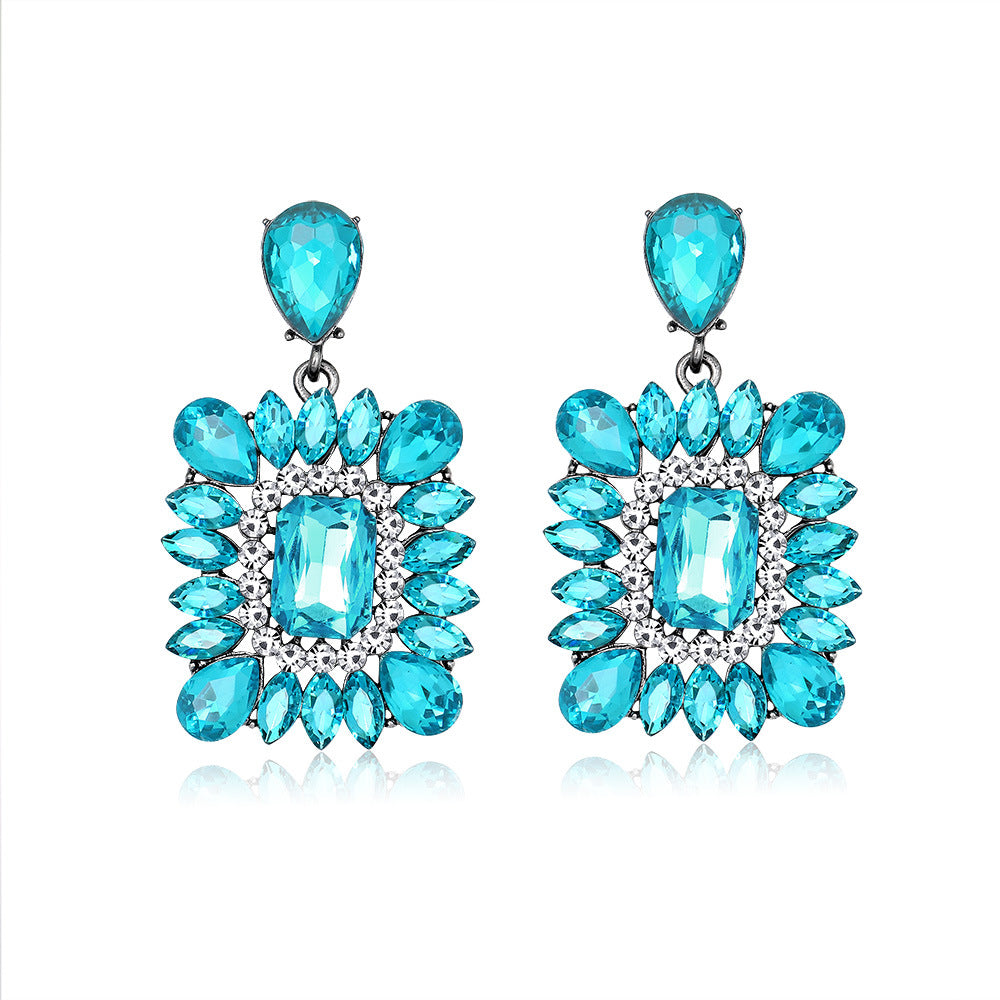 Blue Square Rhinestone Earrings