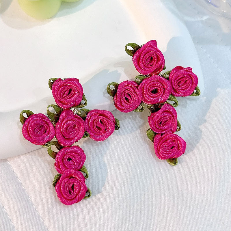 Handmade Fabric Cross Flower Earrings