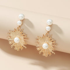 Long Pearl Sunflower Earrings