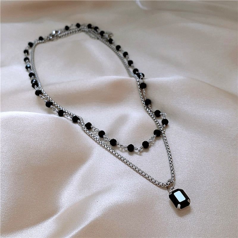 Double Layered Black Stone Square Pendant Necklace