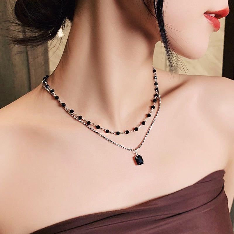 Double Layered Black Stone Square Pendant Necklace