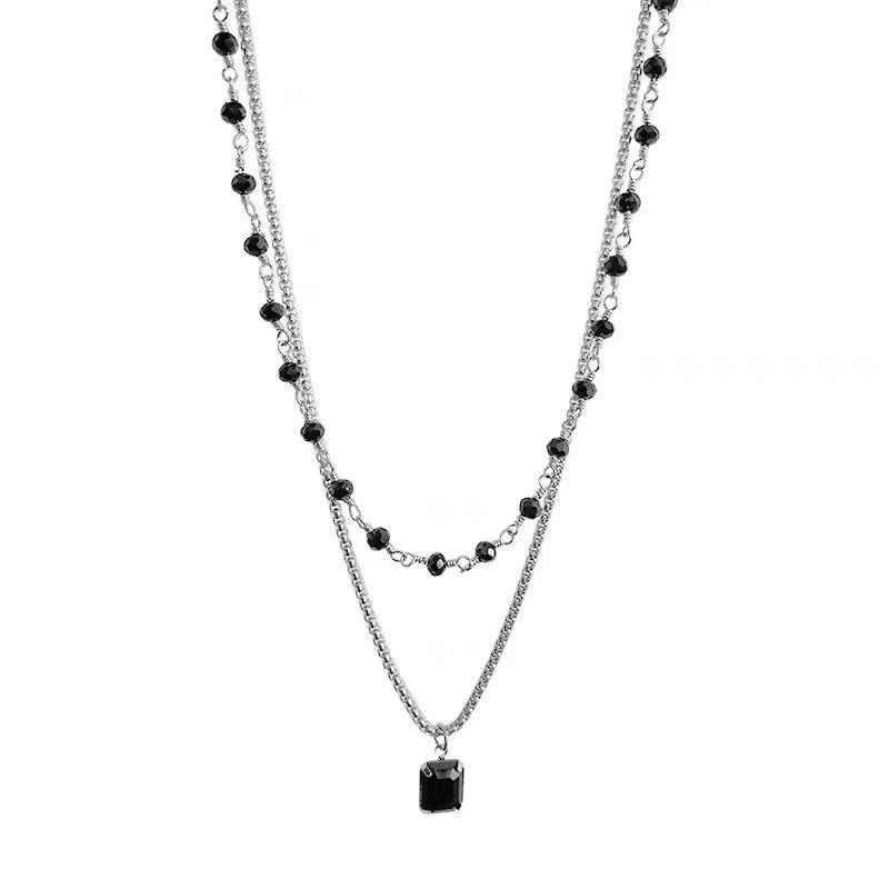 Double Layered Black Stone Square Pendant Necklace