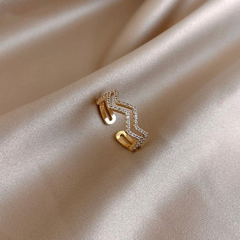 Double Waves Shape Crystal Golden Open Finger Rings