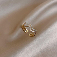 Double Waves Shape Crystal Golden Open Finger Rings