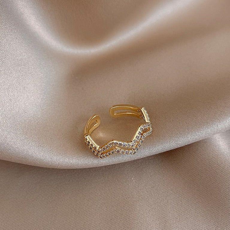 Double Waves Shape Crystal Golden Open Finger Rings