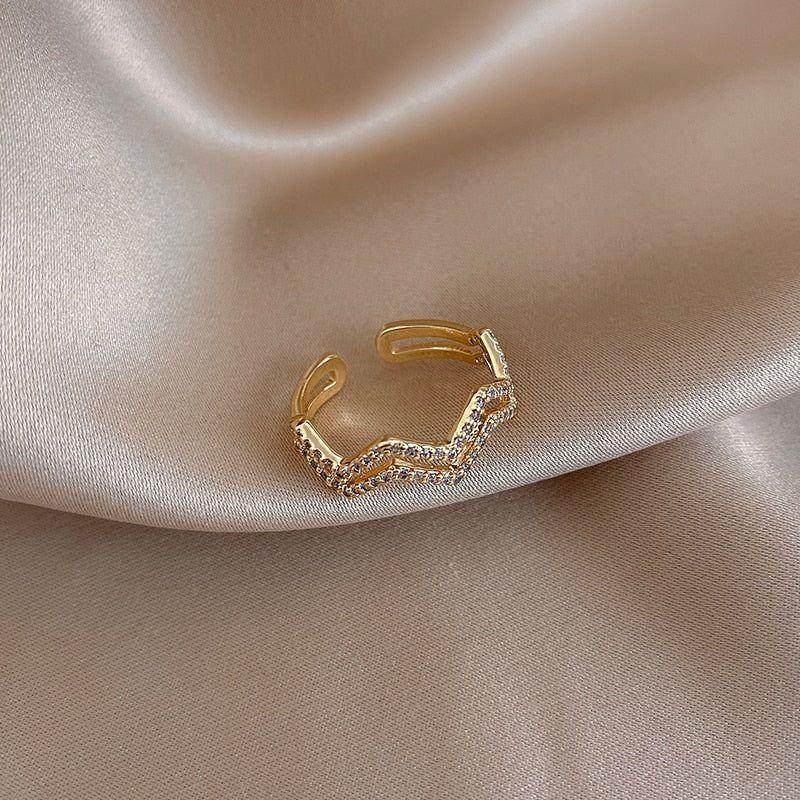 Double Waves Shape Crystal Golden Open Finger Rings