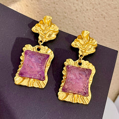 Irregular Purple Square Glass Crystal Vintage Earrings