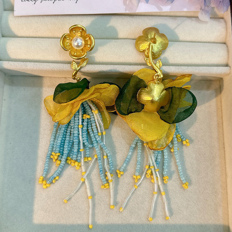 Handmade Fabric Floral Tassel Earrings