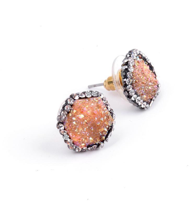 Earring Crystal Nature Druzy Stone Around Hexagon