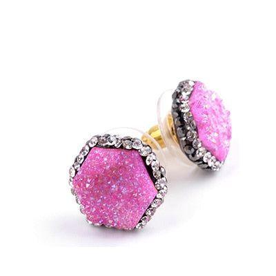 Earring Crystal Nature Druzy Stone Around Hexagon