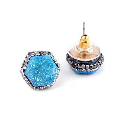 Earring Crystal Nature Druzy Stone Around Hexagon