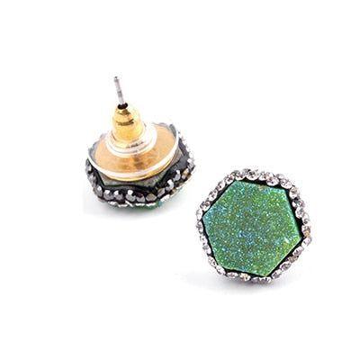 Earring Crystal Nature Druzy Stone Around Hexagon