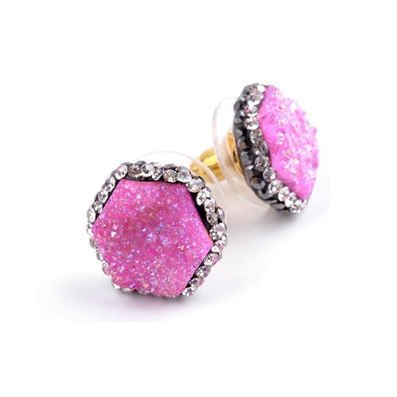 Earring Crystal Nature Druzy Stone Around Hexagon