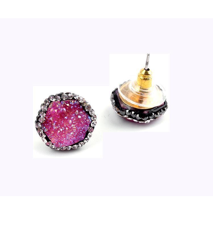 Earring Crystal Nature Druzy Stone Around Hexagon