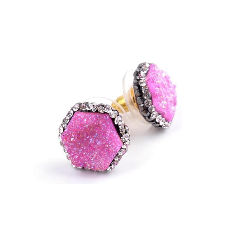 Earring Crystal Nature Druzy Stone Around Hexagon