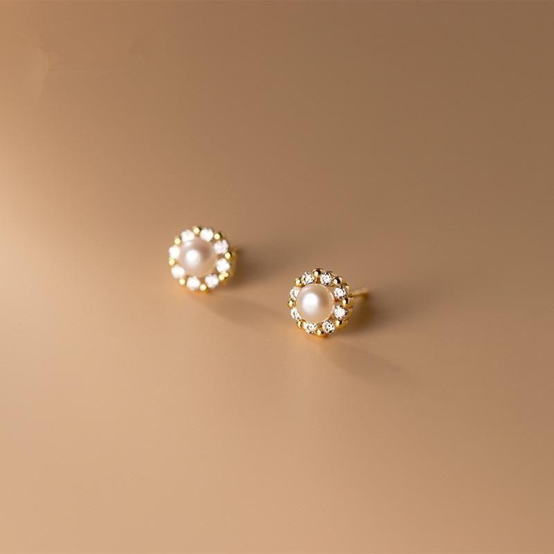 Earring Real 925 Sterling Silver Zircon Round Pearl Korean Chic Trendy