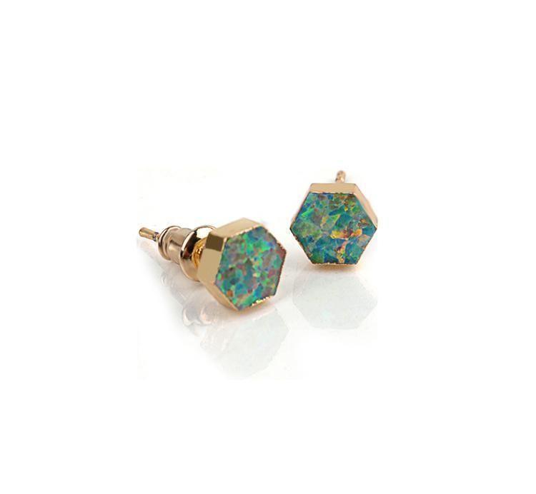 Earrings Hexagon Fire Opal Stone