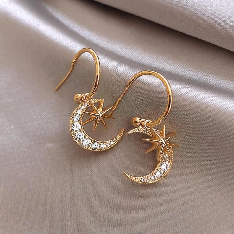 Earrings Moon Star Rhinestone Pattern