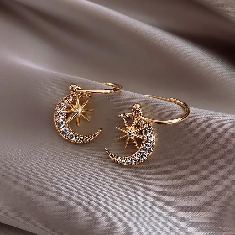 Earrings Moon Star Rhinestone Pattern