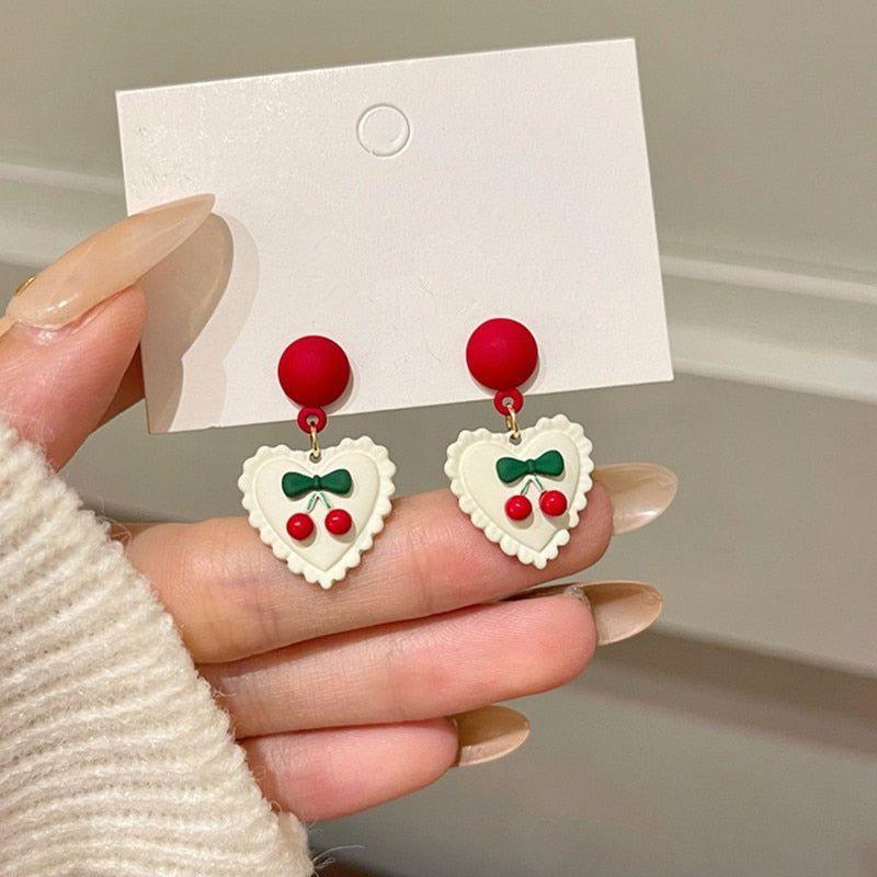 Earrings Red Bow Cherry Heart