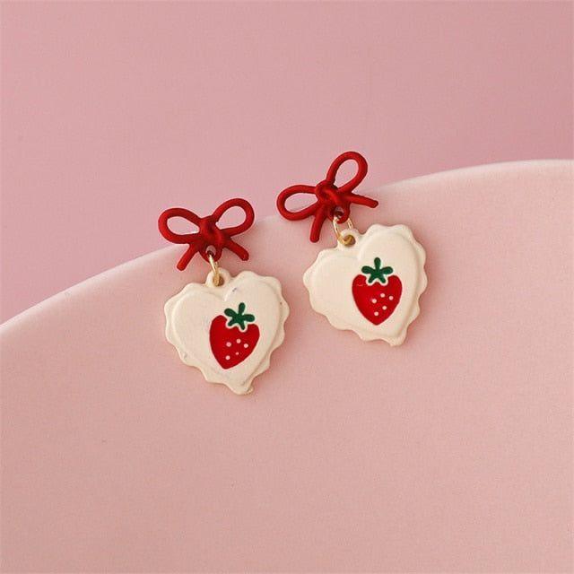 Earrings Red Bow Cherry Heart