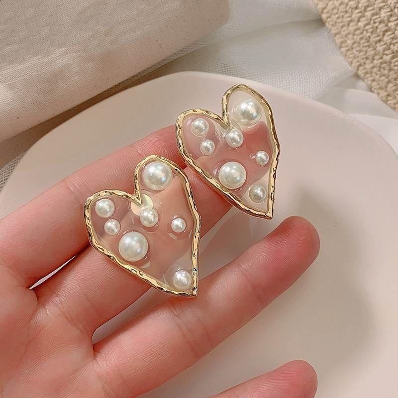 Earrings Transparent Big Heart Pearl