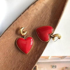 Earrings Vintage Big Metal Red Heart